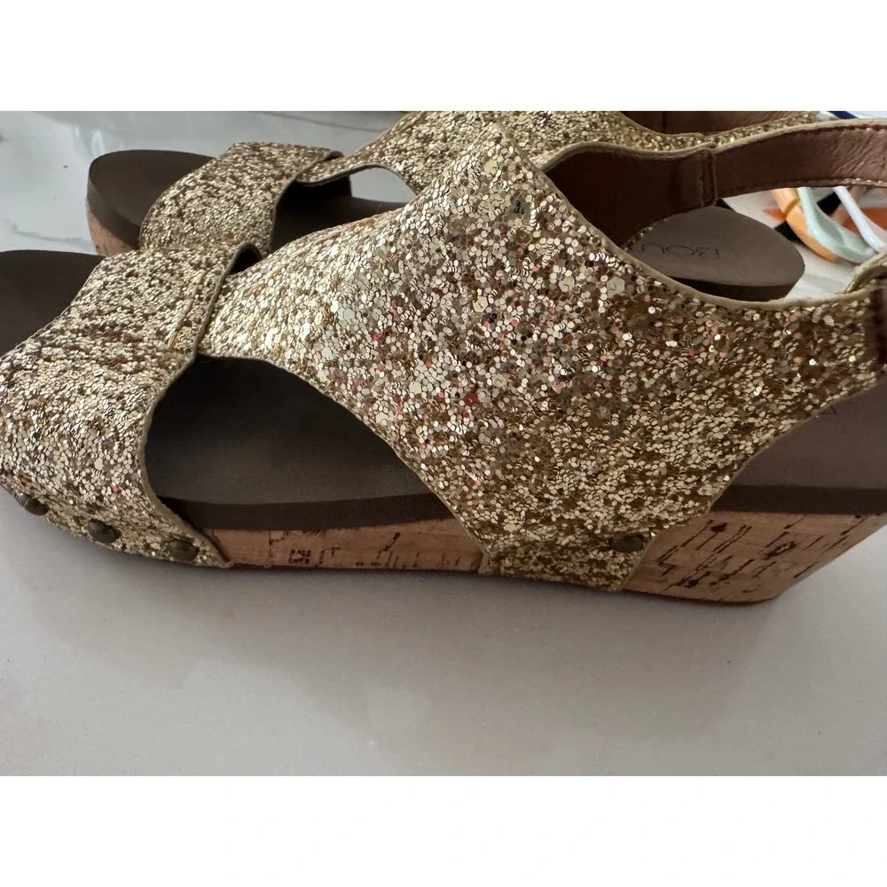 Boutique by Corkys Gold Glitter Wedge Sandals Womens 10 Slingback Cork Heel